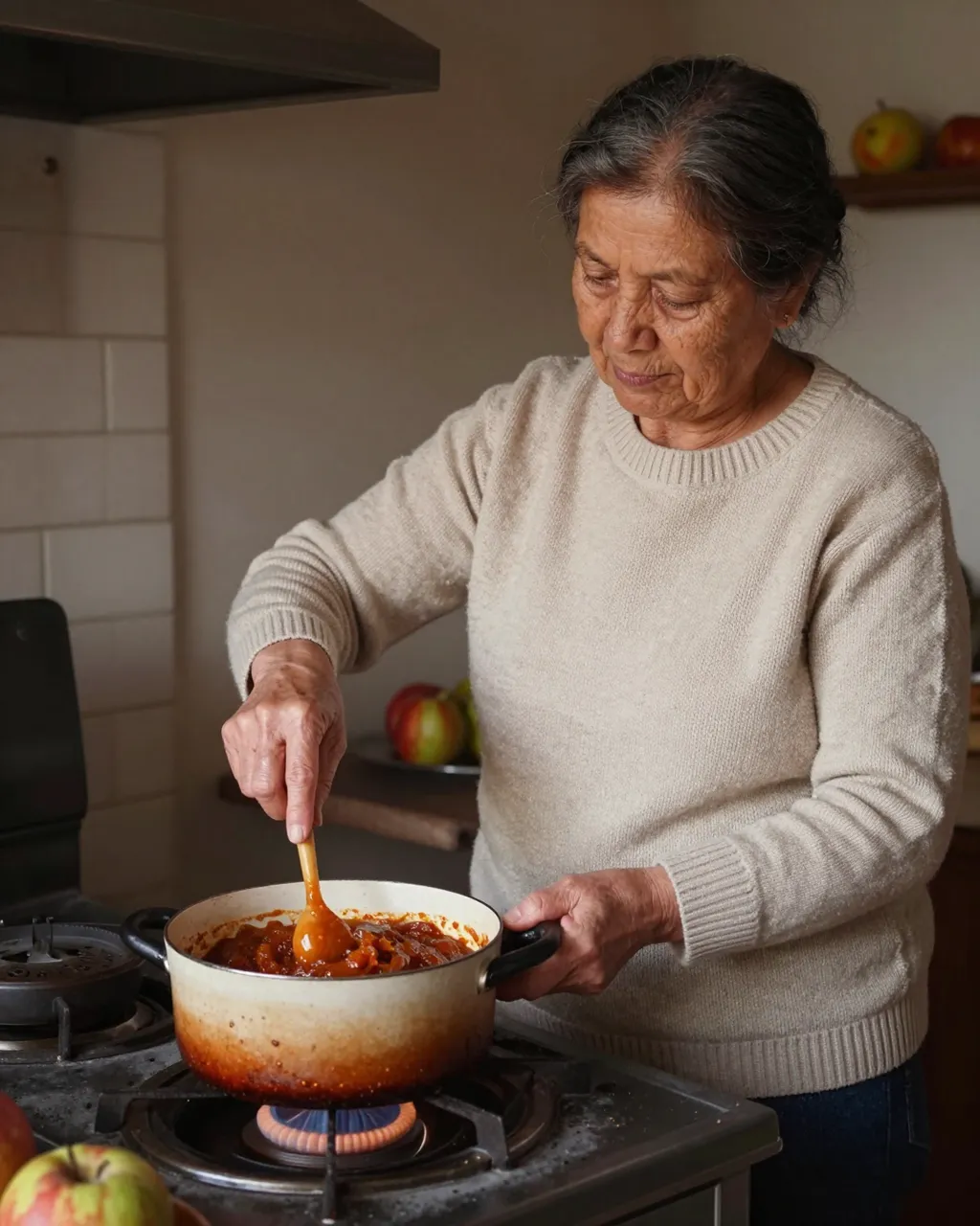Senior Latina woman stirs thick fruit paste in a pot on a gas kitchen stove