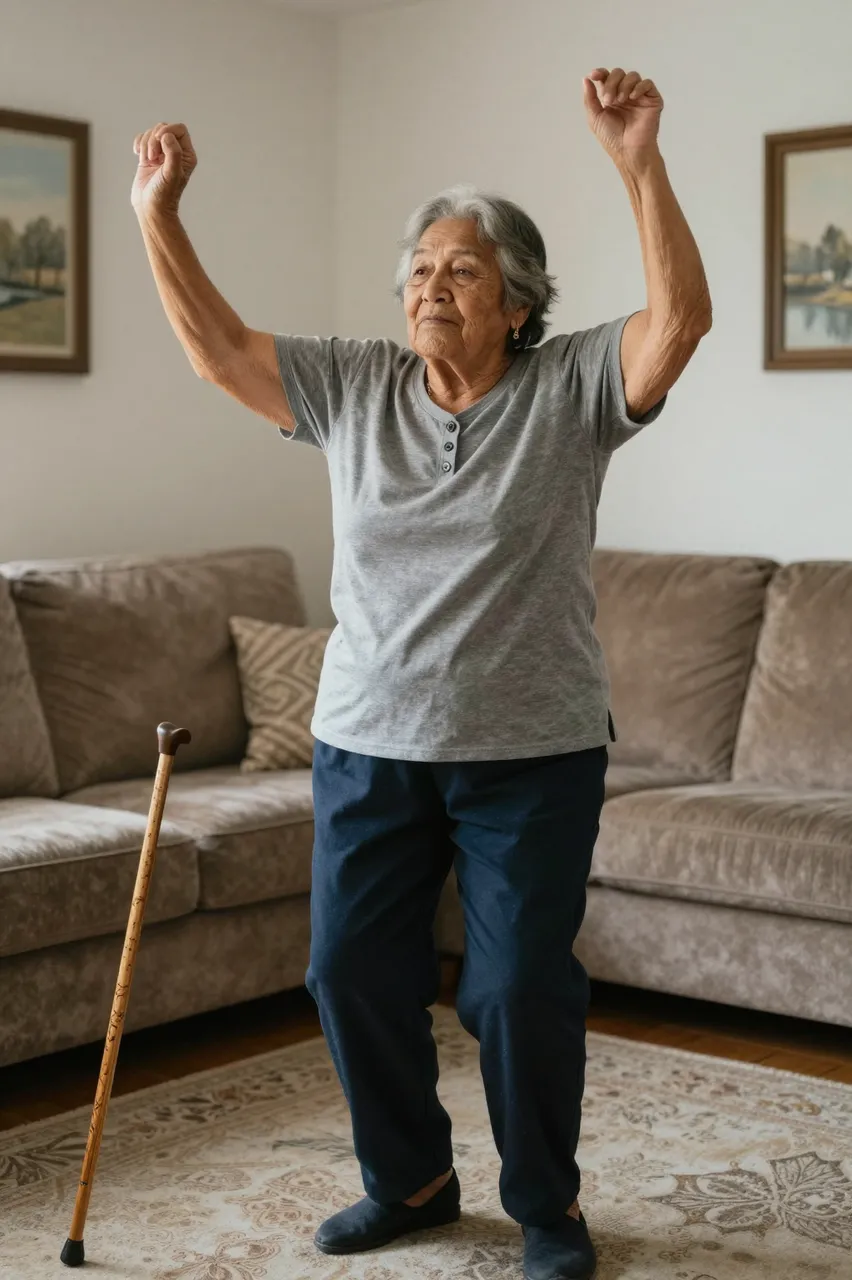Senior Indigenous woman dances with raised arms in a sunlit living room, her cane standing nearby