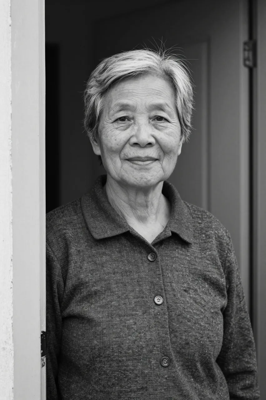Black and white portrait of a senior East Asian woman with short gray hair standing in a doorway with a quiet smile