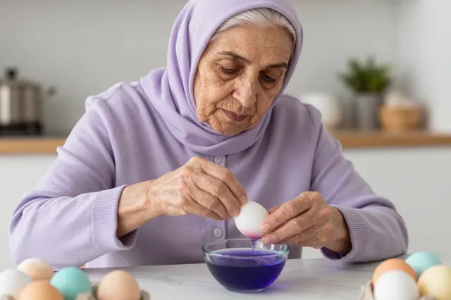 Senior woman in a lavender headscarf dips an egg into purple dye at a kitchen table