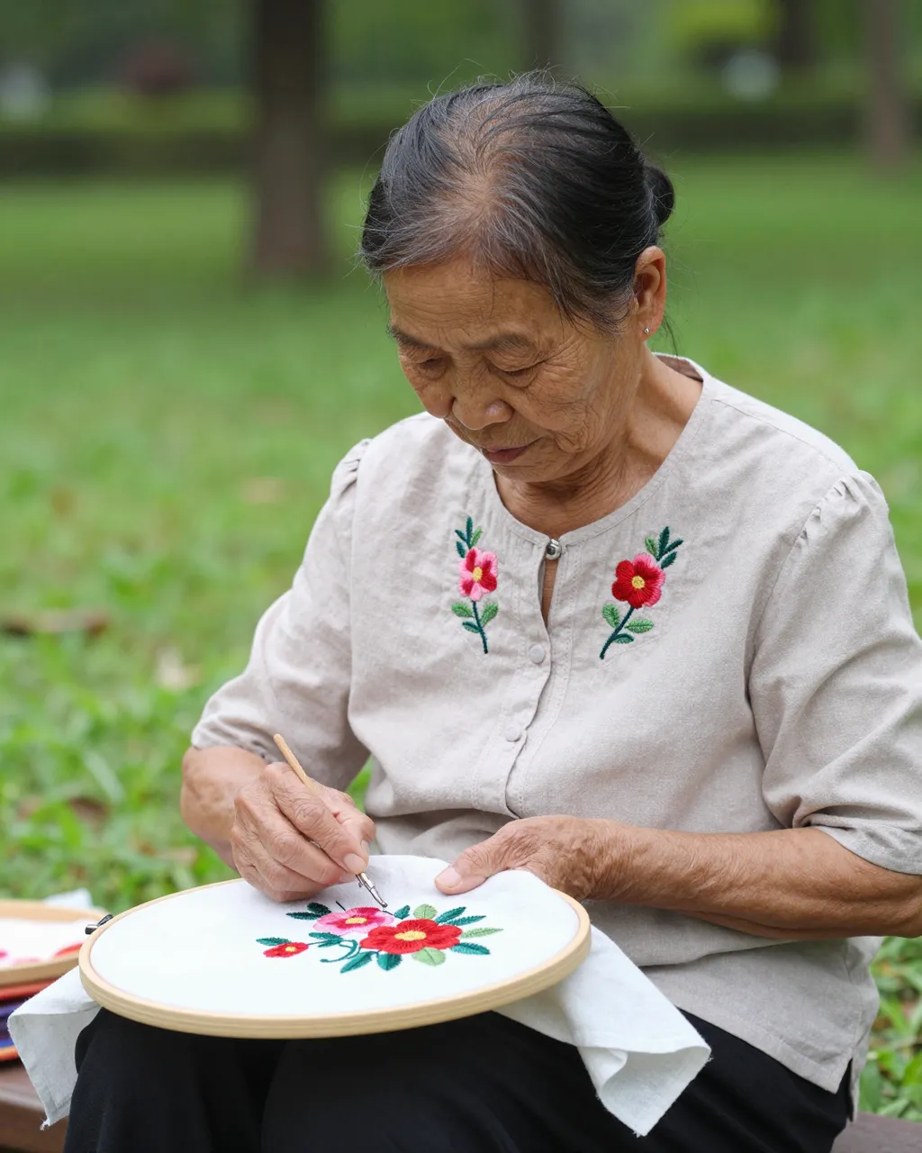 Senior Southeast Asian woman sits outdoors in a park working on floral embroidery in a wooden hoop on her lap