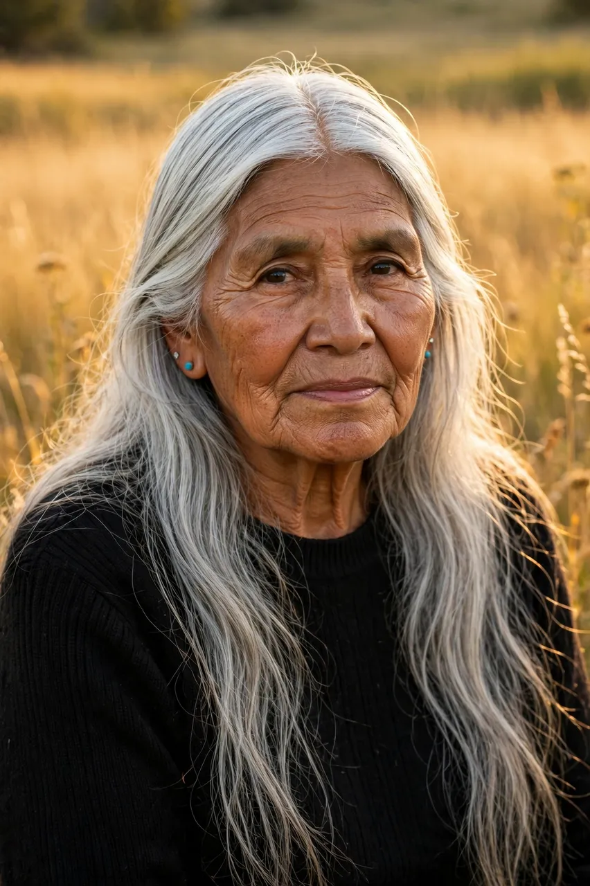 Portrait of an elderly Indigenous woman with long silver hair standing in a sunlit golden meadow