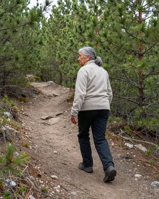 Side view of an elderly woman hiking up a dirt switchback trail through a pine forest