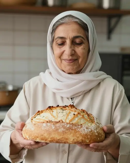 A gentle senior Middle Eastern woman with closed eyes holds a fresh sourdough loaf in a home kitchen.