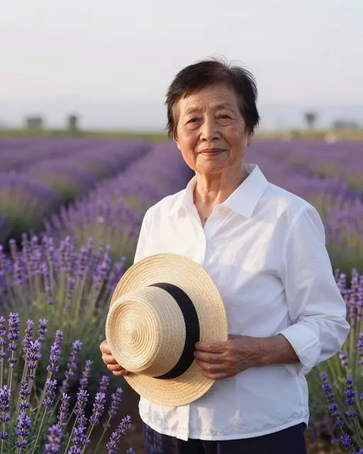 An elderly East Asian woman holds a straw hat while standing in a lavender field at sunset