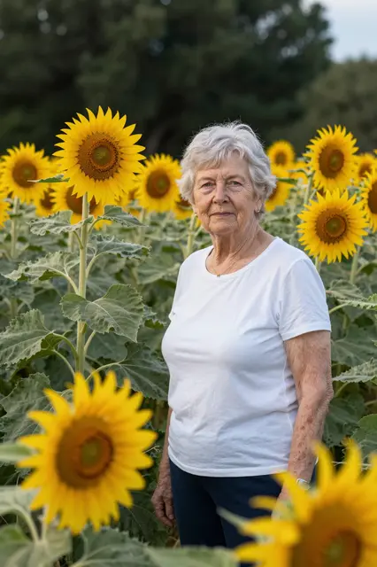 Senior white woman in her eighties standing among tall sunflowers during a warm summer evening in her garden.