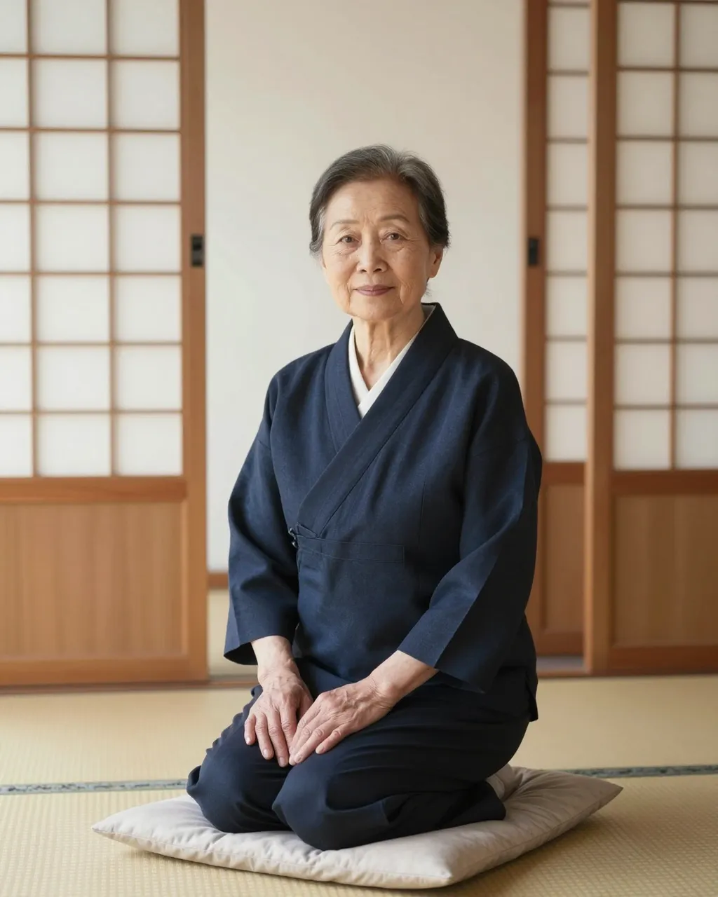 Senior East Asian woman kneels on a cushion in a tatami room with shoji sliding doors