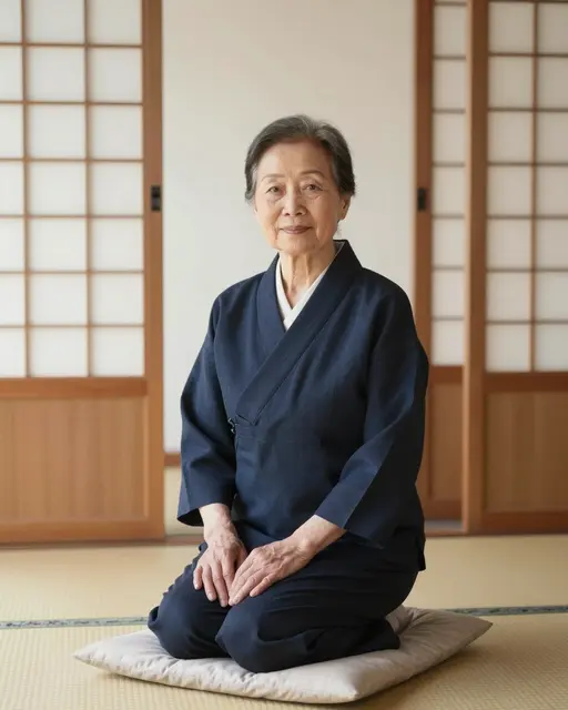 Senior East Asian woman kneels on a cushion in a tatami room with shoji sliding doors