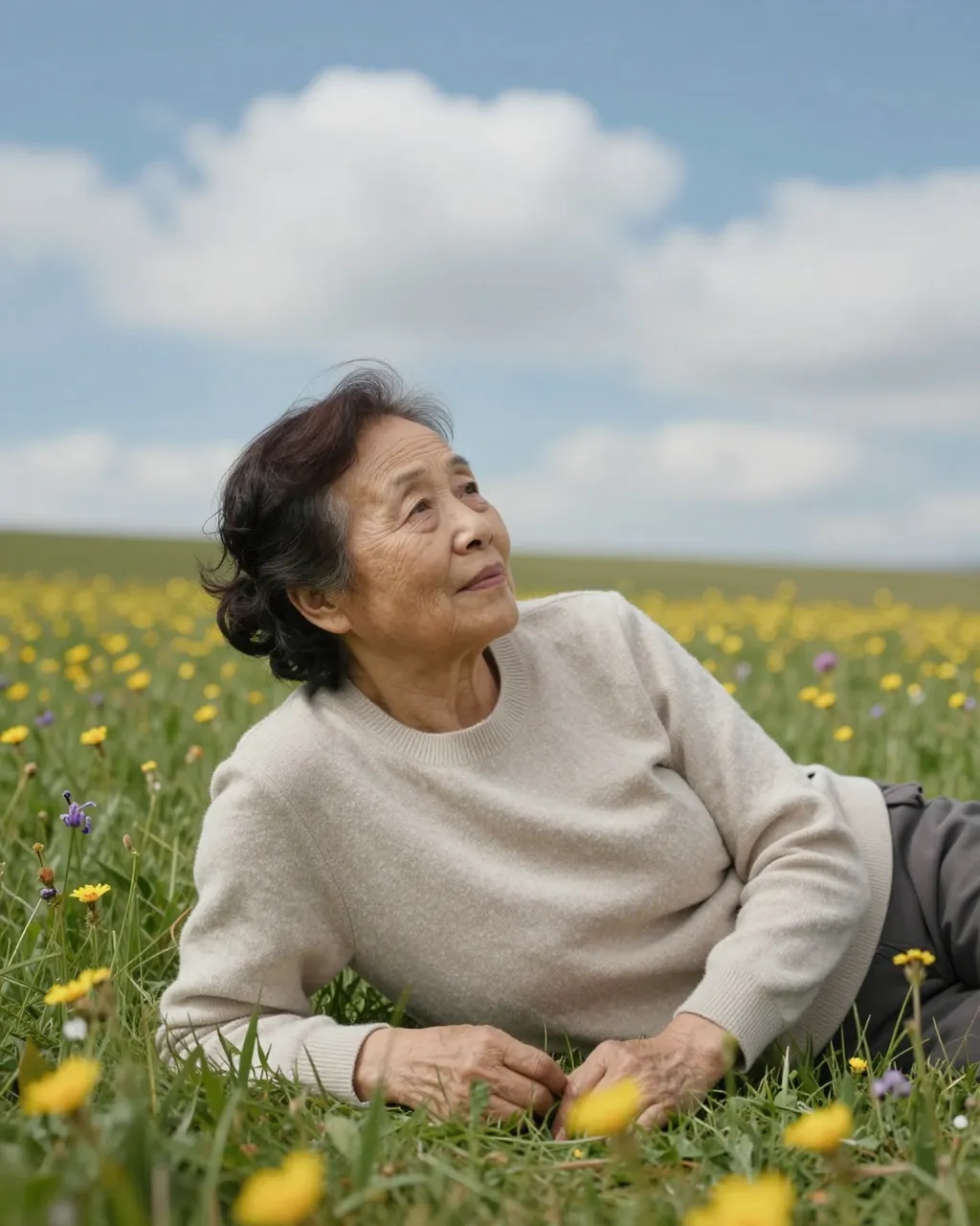 An East Asian senior woman in a plain sweater reclines in a wildflower meadow looking up at the sky and clouds.