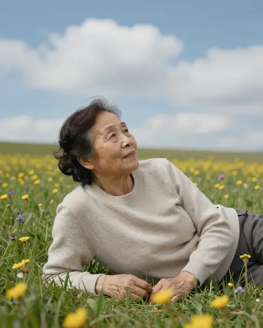 An East Asian senior woman in a plain sweater reclines in a wildflower meadow looking up at the sky and clouds.