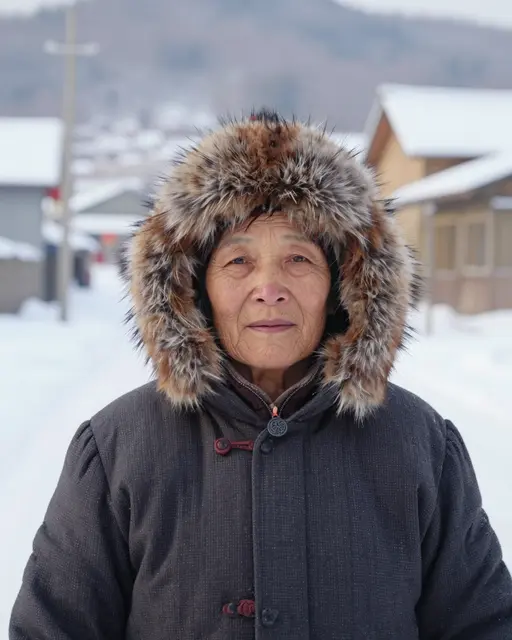 Portrait of an elderly East Asian woman wearing a fur-trimmed hood standing on a snow-covered village lane