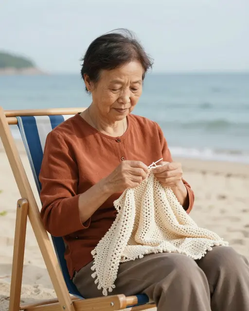 Senior East Asian woman sits in a striped deck chair knitting a cream shawl by the seaside.