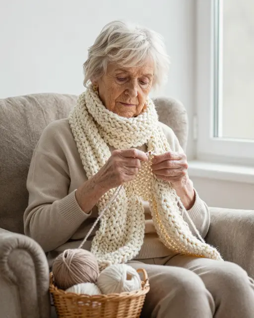 Senior woman with short white hair knits a chunky cream scarf while seated in a soft armchair next to a sunny window, with a