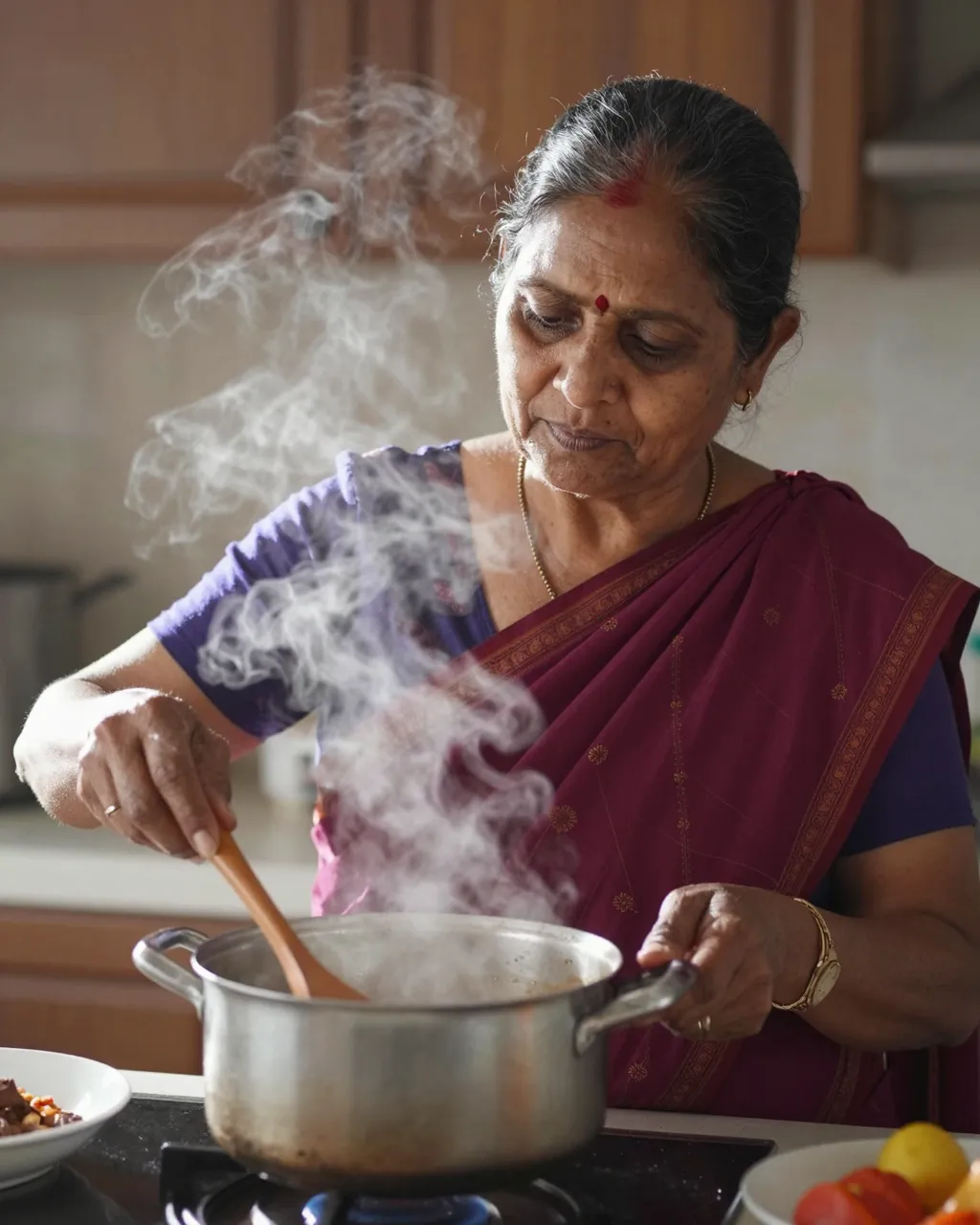 South Asian senior woman stirs a steaming saucepan over a stovetop in a sunlit kitchen.