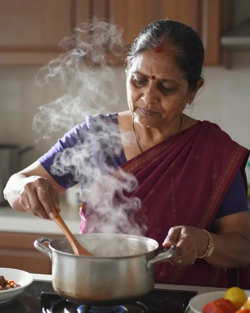 South Asian senior woman stirs a steaming saucepan over a stovetop in a sunlit kitchen.