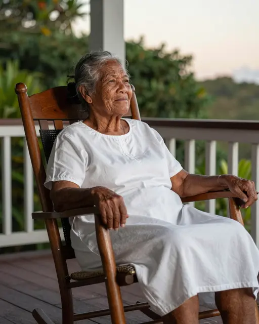 Elderly Pacific Islander woman sits content in a wooden rocking chair on a veranda at sunset