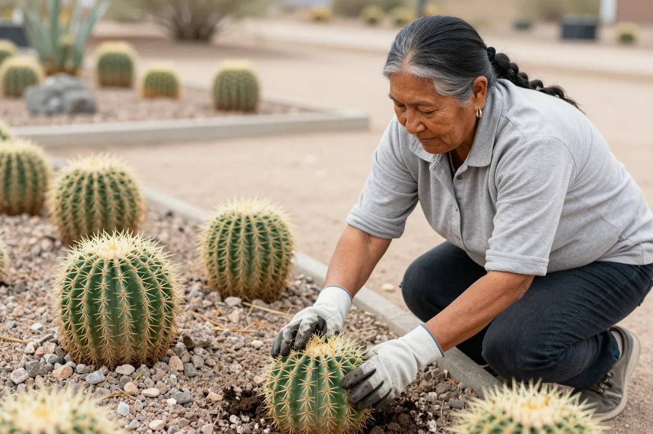 An older woman kneels to plant a barrel cactus in a gravel desert garden bed