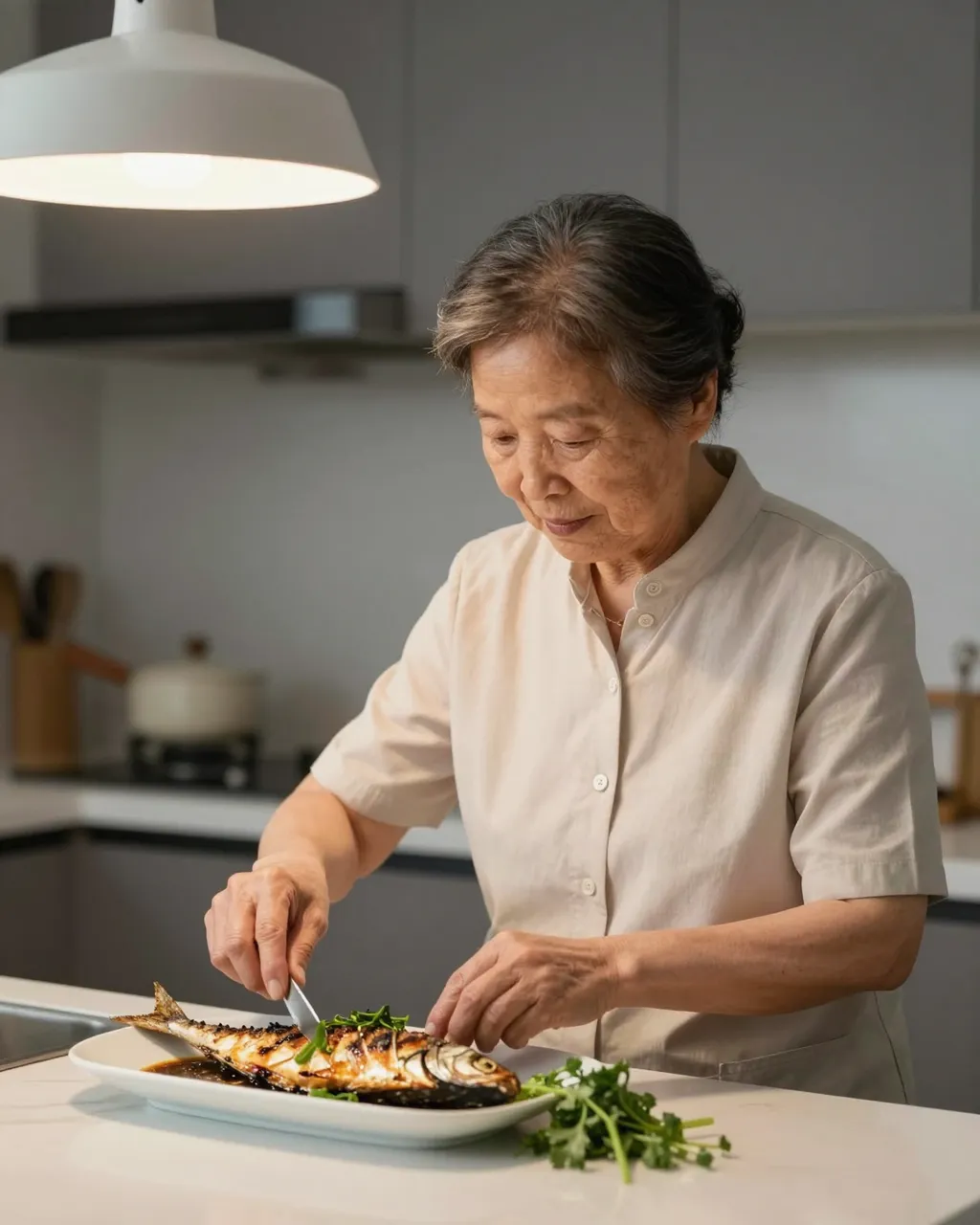 Senior East Asian woman cutting grilled fish at a modern kitchen island under a pendant light