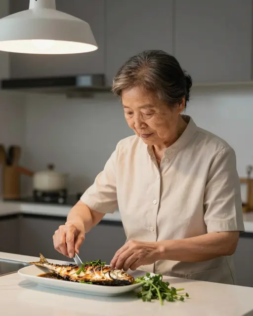 Senior East Asian woman cutting grilled fish at a modern kitchen island under a pendant light