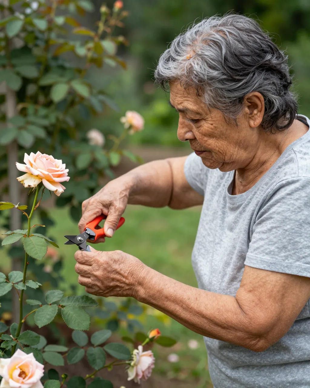 Side view of an older Latina woman deadheading roses with small pruners in her garden.