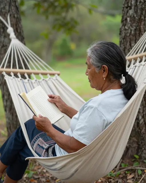 An older Indigenous woman sits reading an open book in a canvas hammock strung between park trees.