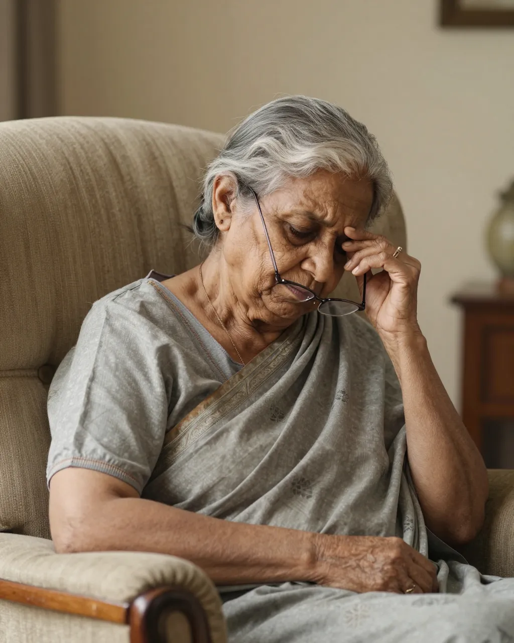 South Asian elderly woman rests with slipping glasses while seated in a plush armchair
