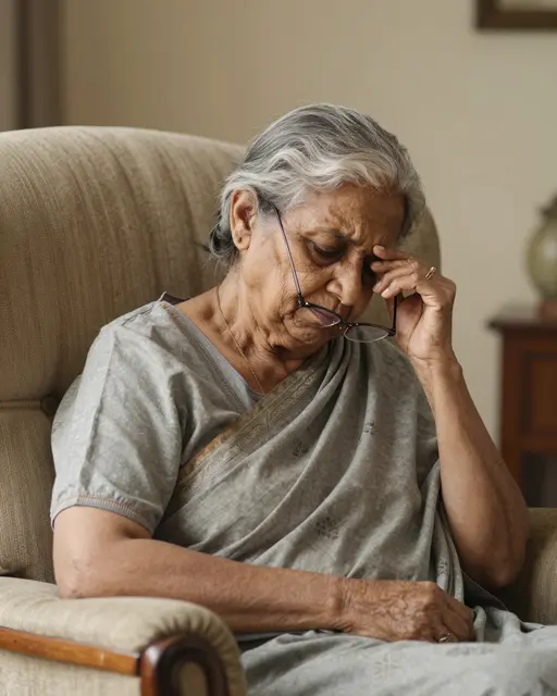 South Asian elderly woman rests with slipping glasses while seated in a plush armchair
