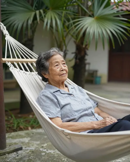 An elderly East Asian woman relaxes in a white hammock in a tropical courtyard with palm trees.