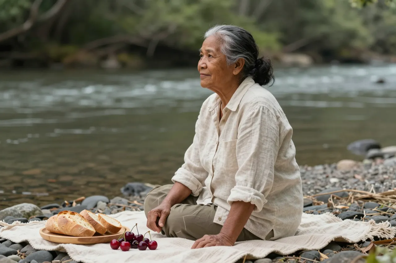 Side view of a senior Pacific Islander woman sitting on a blanket with bread and cherries beside a flowing river