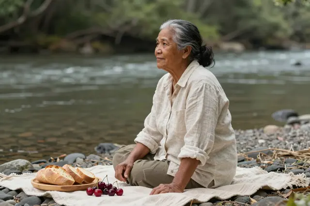 Side view of a senior Pacific Islander woman sitting on a blanket with bread and cherries beside a flowing river