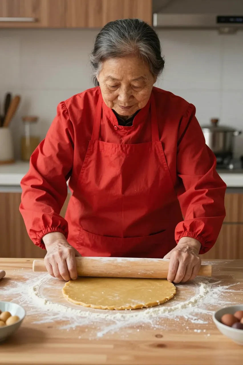 Senior East Asian woman in a red apron rolls out dough on a floured wooden kitchen table.