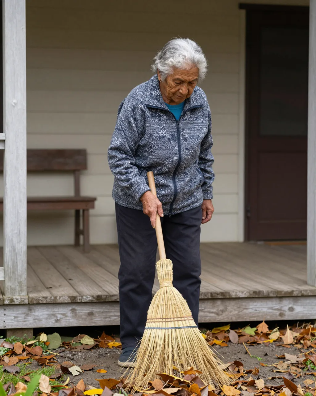 Senior Indigenous woman sweeps fallen autumn leaves outside a wooden house porch with a straw broom