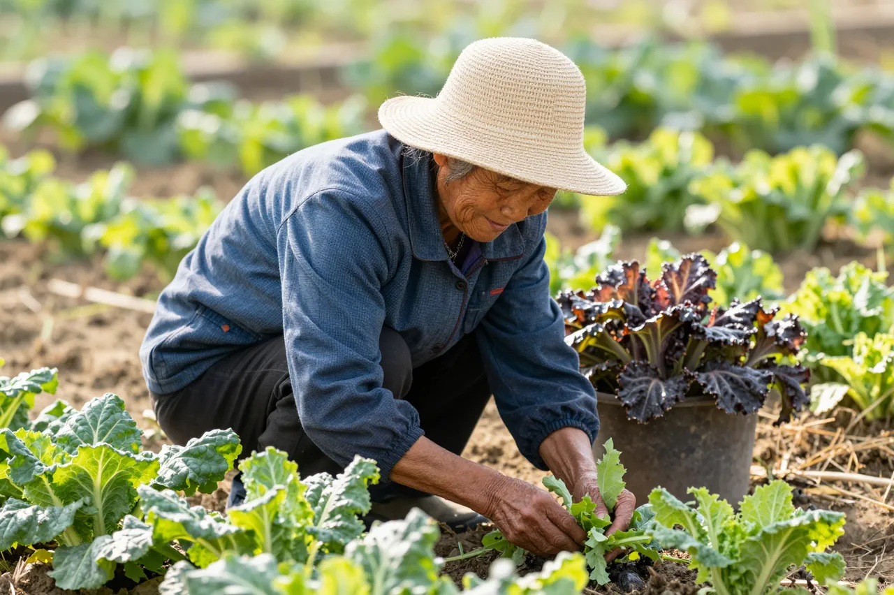 Senior East Asian woman in a straw sun hat kneels tending leafy greens in a sunlit vegetable garden