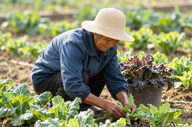 Senior East Asian woman in a straw sun hat kneels tending leafy greens in a sunlit vegetable garden