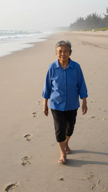 Elderly Southeast Asian woman in a blue shirt walks along a quiet sandy beach at dawn, footprints trailing behind her.