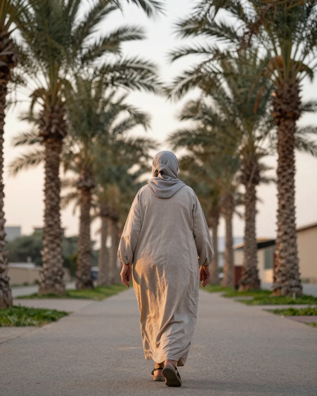 Back view of an older woman walking along a paved palm-lined path at warm sunset