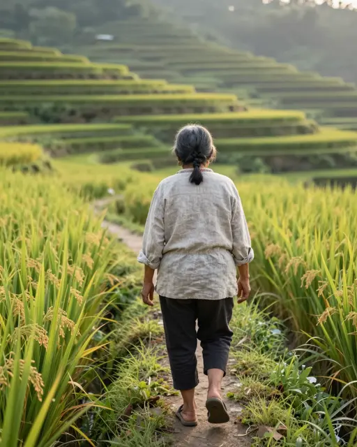 Back view of an elderly woman walking a narrow dirt path through sunlit terraced rice fields at sunrise.