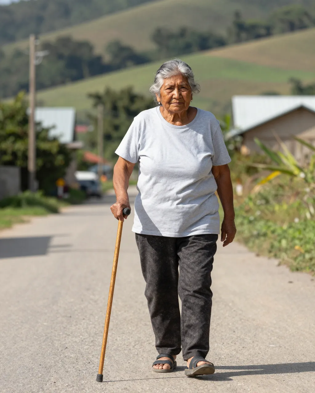 Senior Indigenous woman walks along a sunny rural village lane using a wooden cane