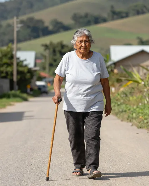 Senior Indigenous woman walks along a sunny rural village lane using a wooden cane