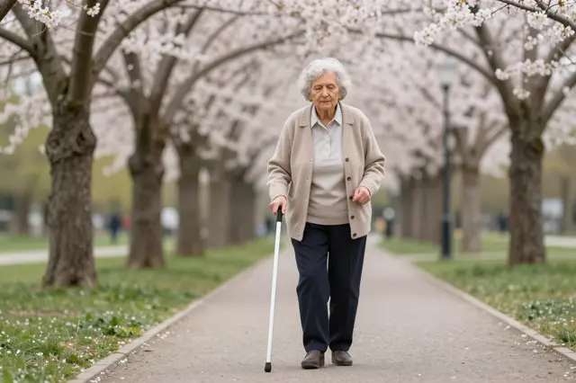 Senior woman using a white mobility cane walks along a cherry blossom lined park path in spring.