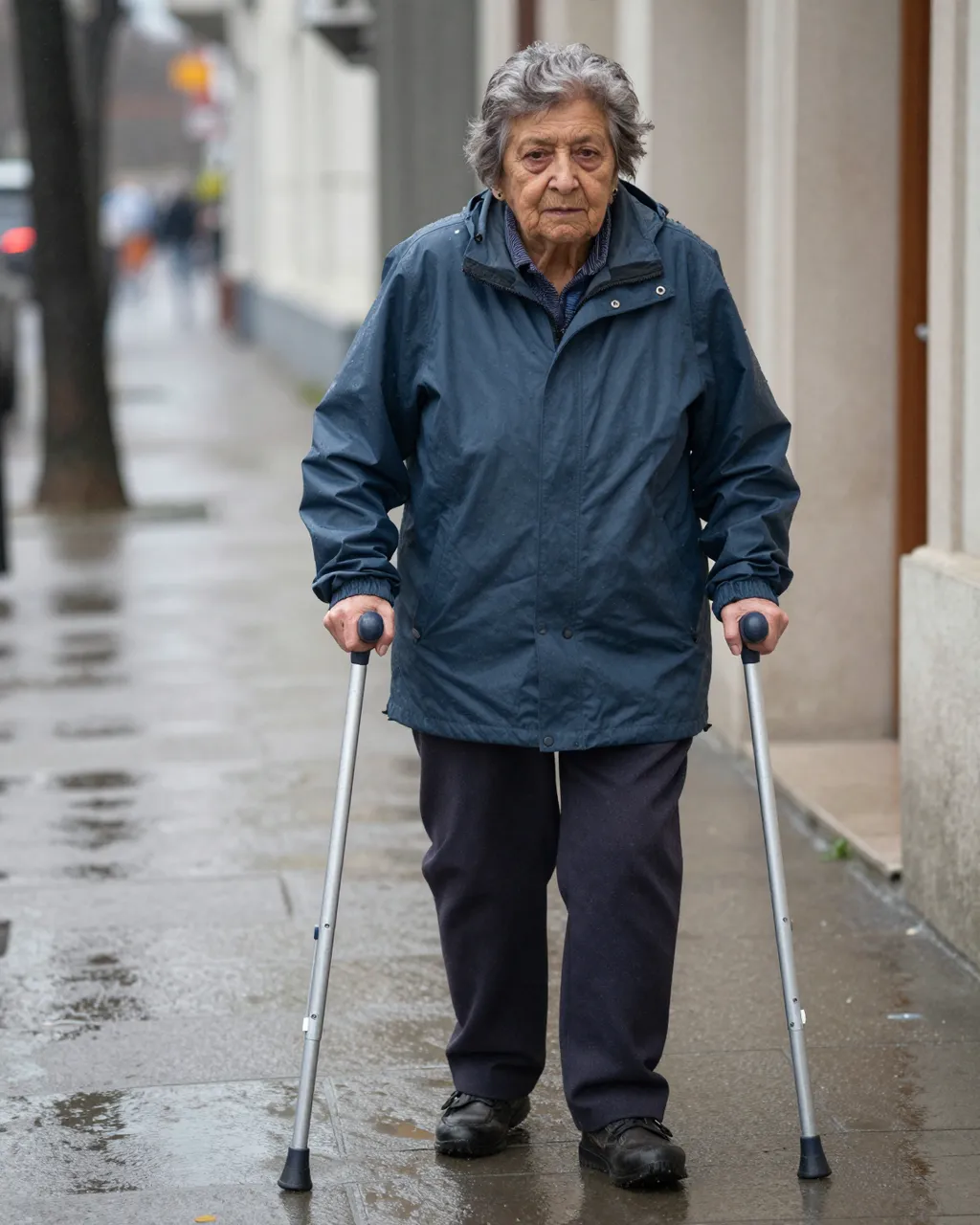 Senior woman using forearm crutches stands on a wet urban sidewalk after rain