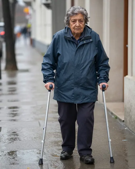 Senior woman using forearm crutches stands on a wet urban sidewalk after rain