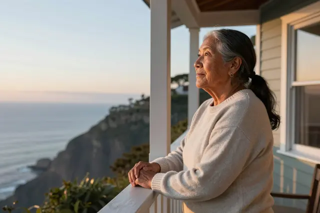 Senior Indigenous woman leans on a porch railing observing sunrise over a coastal cliff and ocean