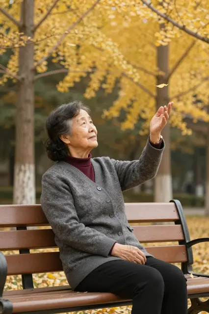 An elderly East Asian woman sits on a park bench reaching toward a falling golden autumn leaf