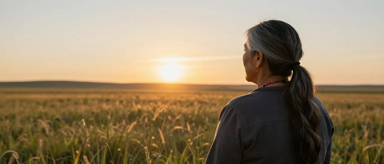Seen from behind, an older woman stands in tall grass watching the sun rise over a wide prairie