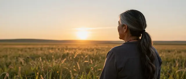 Seen from behind, an older woman stands in tall grass watching the sun rise over a wide prairie