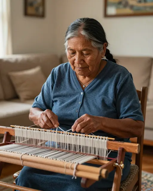 Senior Indigenous woman weaving on a tabletop loom in a warm living room