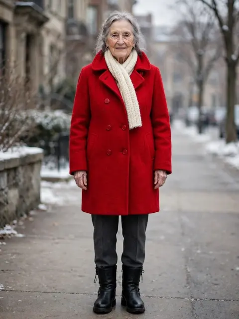 Elderly woman in a red winter coat stands on a snow-dusted urban sidewalk