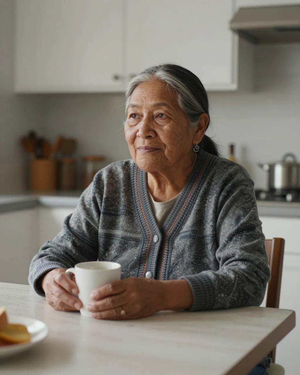 Senior Indigenous woman sits at a kitchen table holding a white mug in soft morning light