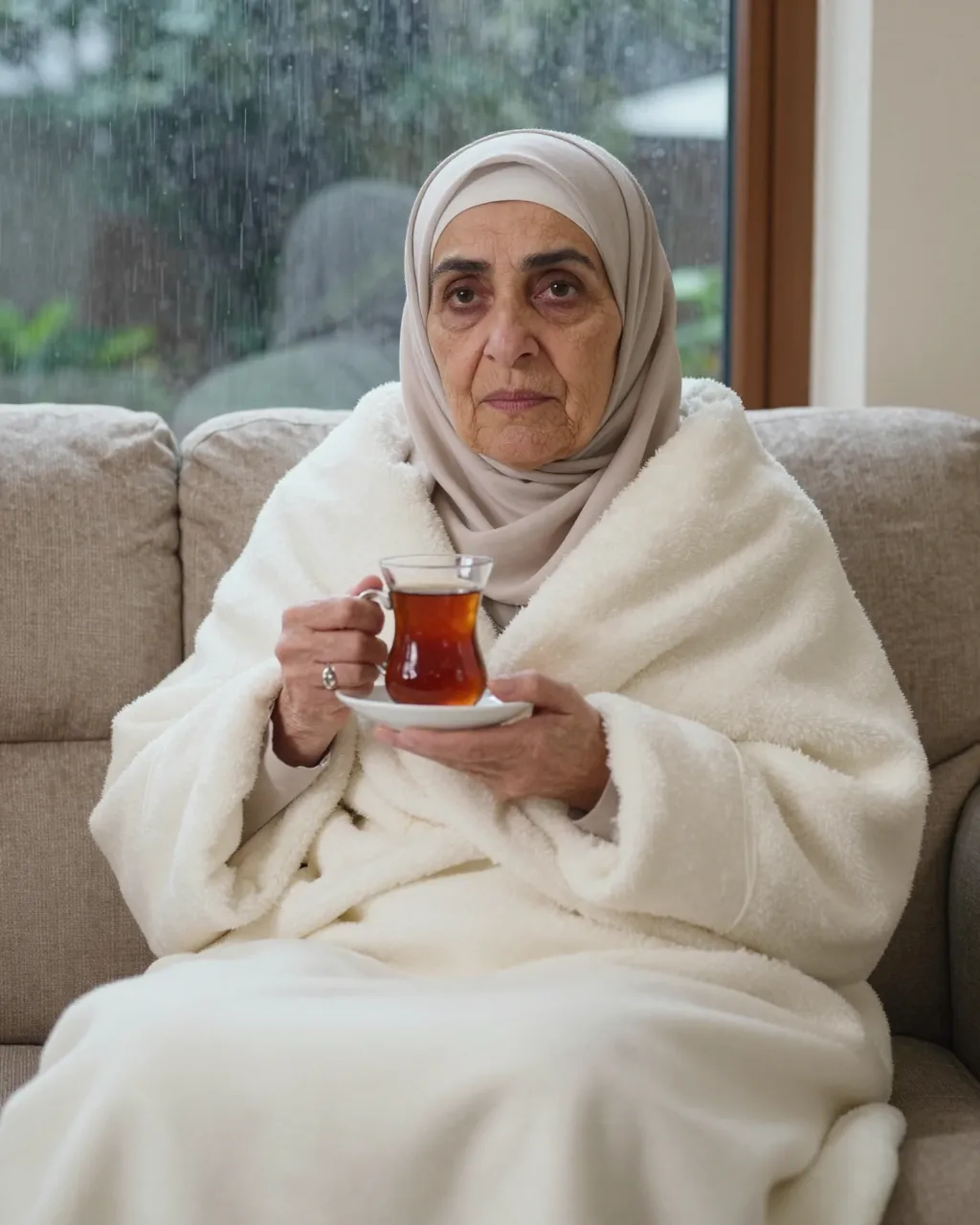 Senior Middle Eastern woman wrapped in a blanket holds a tea cup while sitting on a sofa with rain falling outside the window